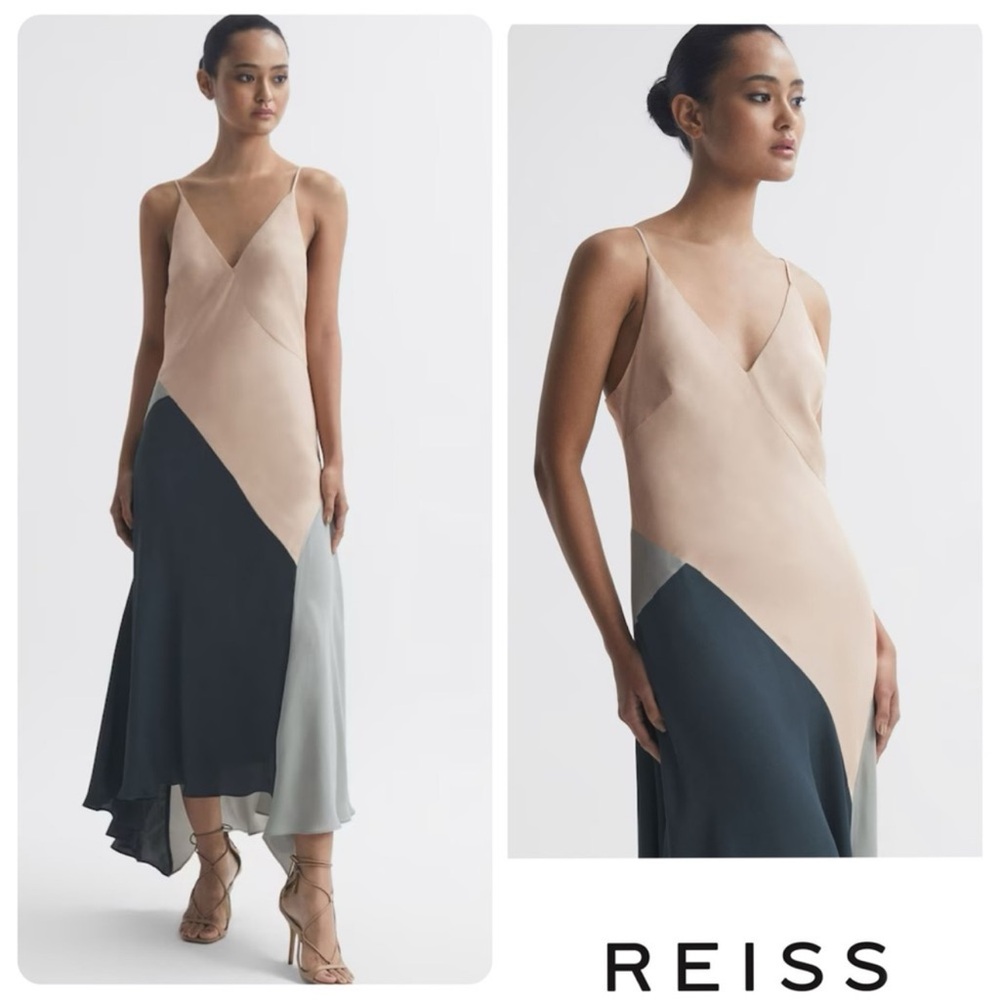 REISS Hudson Spliced Color Blocked MIDI Slip Dress Size 2 Asymmetrical Hem